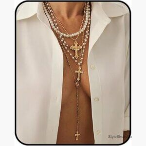 Layered Cross Pendant Necklace Set, Adjustable Multi-Strand Chain, Pearl Choker